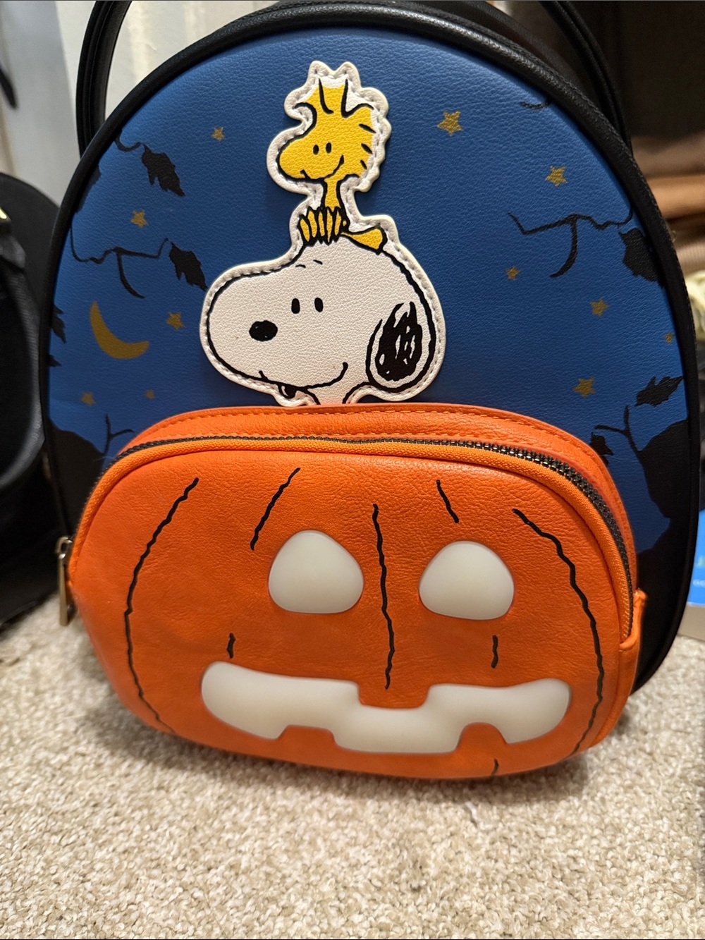 Peanuts Kids Backpack in Blue with Orange Pumpkin Pouch